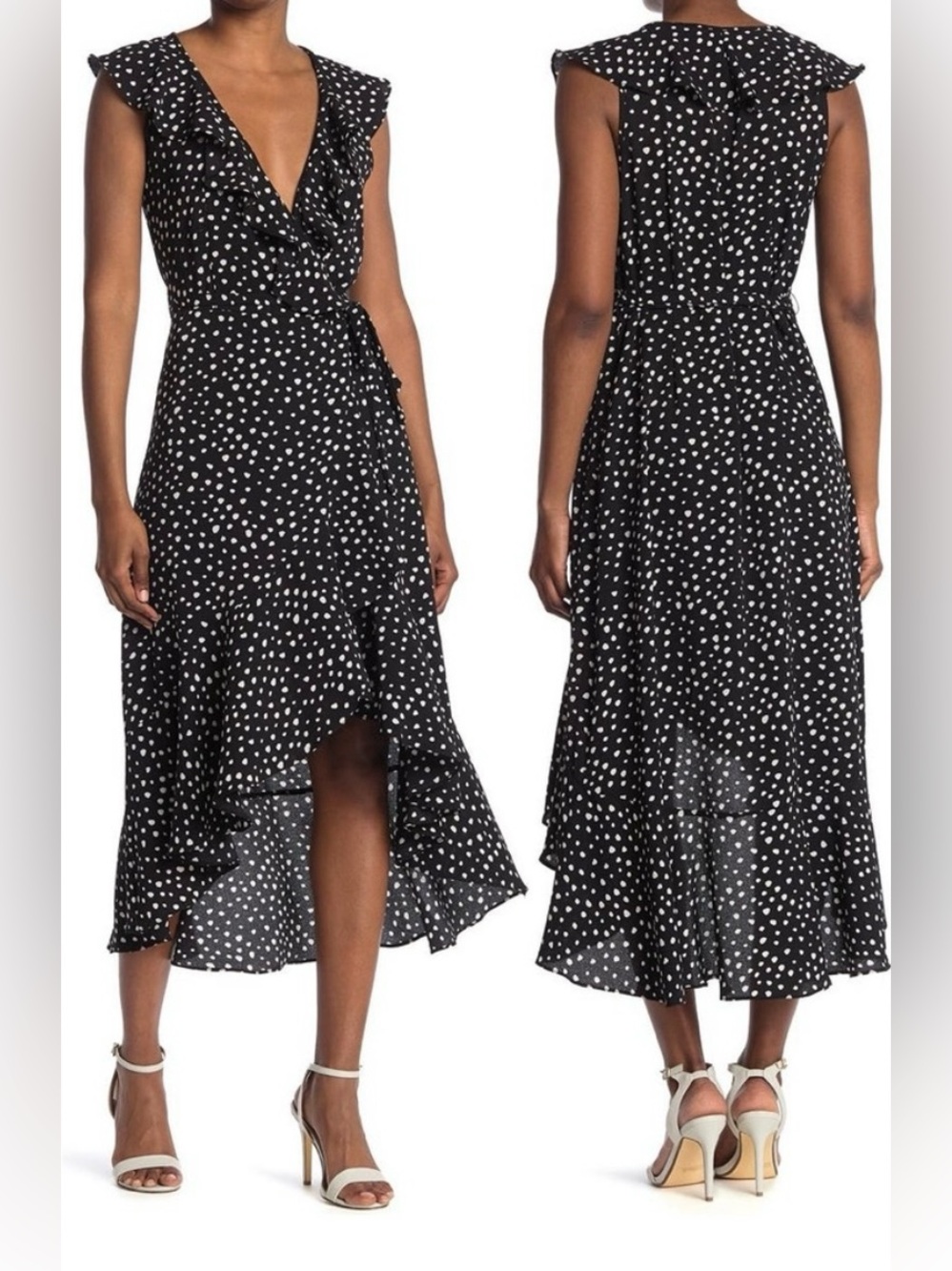 Max Studio Black and White Polka Dot Hi‑Low Wrap Dress
